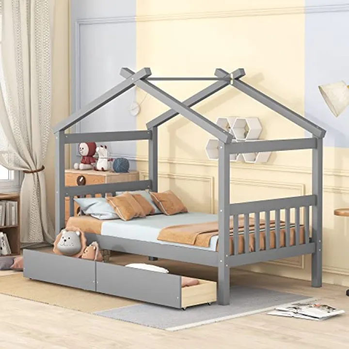 Harper & Bright Designs Twin Size Wooden House Bed with Drawers, Gray
