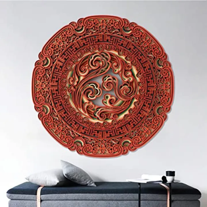 LINGSHINE 'Stairwood Sculpture' Series Home Decor 3D Multilayer Wall Art 'Auspicious CLouds', Mandala Sacred Geometry Living Room Dining Room Bedroom Yoga Studios (Tang Dynasty Red, 47.2 in)