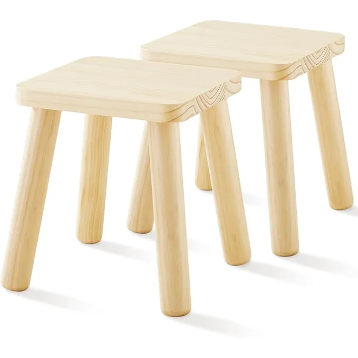 Beright Wooden Step Stools for Kids, Children's Stool fit with Sensory Table, Sturdy Sitting Stool with Assembled Four-Legged, for Children, Toddler, Square, 2 Pack