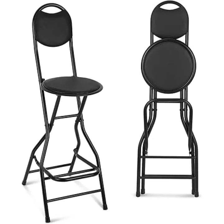 Sintuff 1 Pcs Seat Height 26 Inch Folding Bar Stool with Backrest Leather Padded Folding Stools for Adults Portable Black Bar Height Folding Chairs for Outdoor Indoor Kitchen Shop Cafe