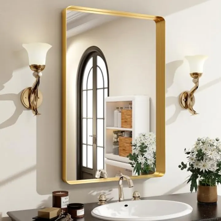 Easly 30 x 22 Inch Gold Bathroom Mirror for Wall,Aluminum Alloy Frame Rectangular Wall Mounted Mirror for Farmhouse Decor Horizontal or Vertical Ideal for Bedroom, Living Room