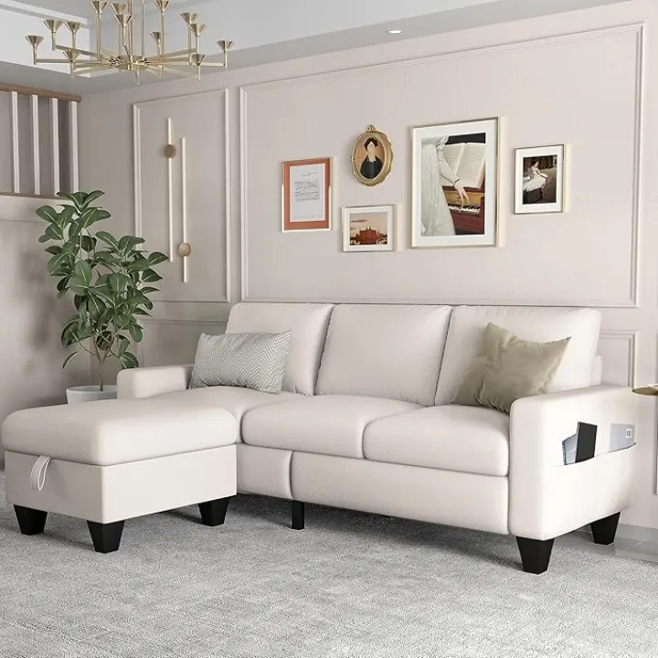 ZeeFu Convertible Sectional Sofa Couch,Beige Linen Fabric Modern 3-Seat L-Shaped Upholstered Furniture with Storage Reversible Ottoman and Pockets for Living Room Small Space Apartment
