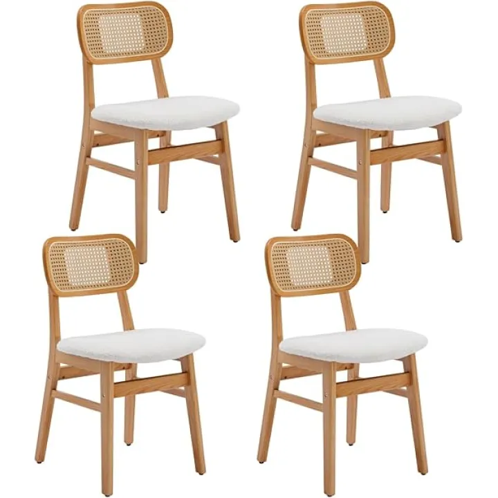 Rattan Dining Chairs Set of 4 White Lambswool Dining Room Chairs Natural Wooden Kitchen Chairs Farmhouse