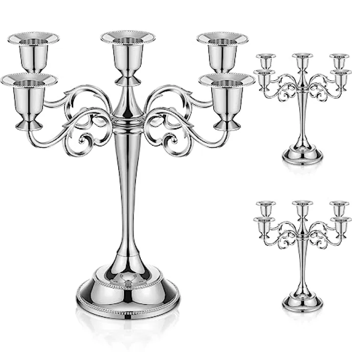 Dandat 3 Pcs 5 Arm Metal Candelabra Candlestick Holders 10.24 Inch Tall Candlestick Holders Gothic Candle Holder for Home Wedding Church Halloween Party(Silver)