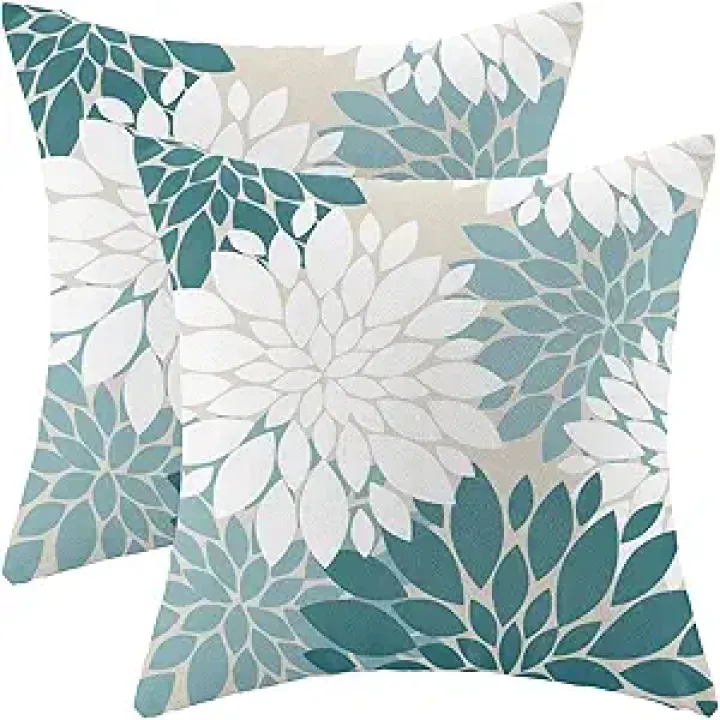 CXMEIFLY Teal White Pillow Covers 20x20 Inch Set of 2 Turquoise Colored Dahlia Floral Decor Throw Pillows Summer Modern Geometry Flower Outdoor Decorative Cushion Cases for Sofa Couch Bed Decoration