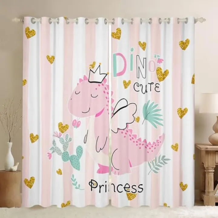 Castle Fairy Pink Dino Window Curtains,Kawaii Cute Dinosaur Princess Kitchen Window Treatments,Cartoon Animal Girly Heart Stripes Blackout Window Drapes for Home Decor, 2 Panels, 42Wx63L inch