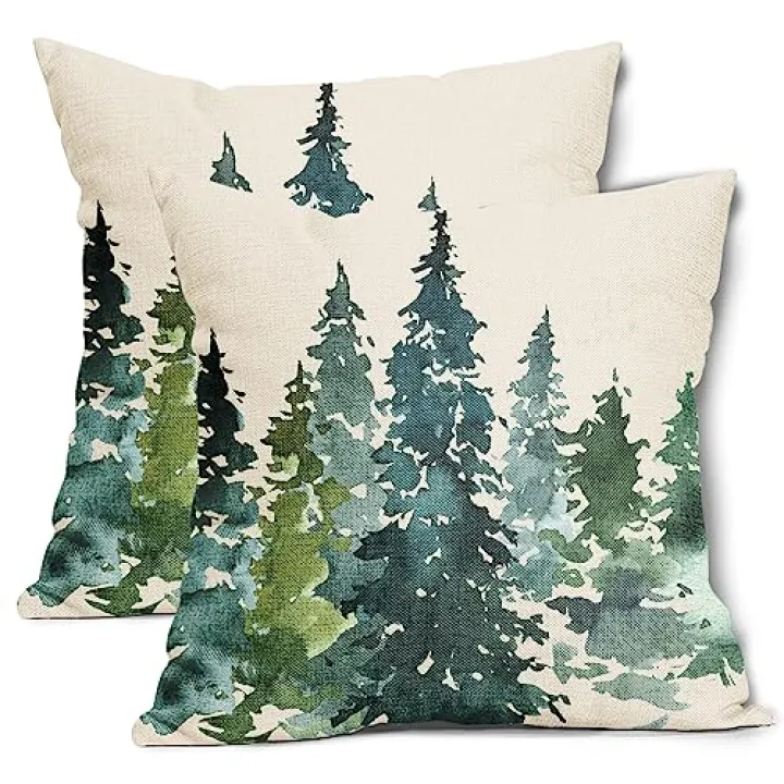 aportt Watercolor Blue Green Tree Pillow Covers 18X18 Inch Set of 2 Nature Themed Christmas Decorative Pillow Cases Rustic Forest Pillowcase Home Decor for Living Room Couch Patio Sofa Porch Outdoor