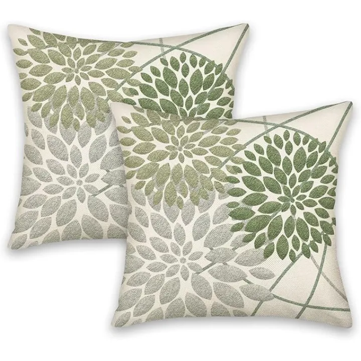 Sage Green Decorative Dahlia Pillow Covers 18x18 Inch Set of 2, Geometric Floral Elegant Gray Green White Decor Summer Farmhouse Throw Pillows Cushion Cases for Sofa Bed Decorations