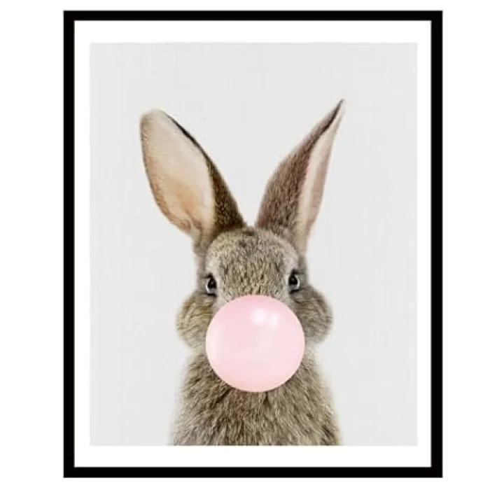 ShopHaven Bubble Gum Print Bunny, Baby Bunny Print, Bunny Rabbit Print, 8x10 Wall Art Print, Nursery Wall Art, Woodland Decor, Baby Animal Prints for Girl Bedroom (Unframed)