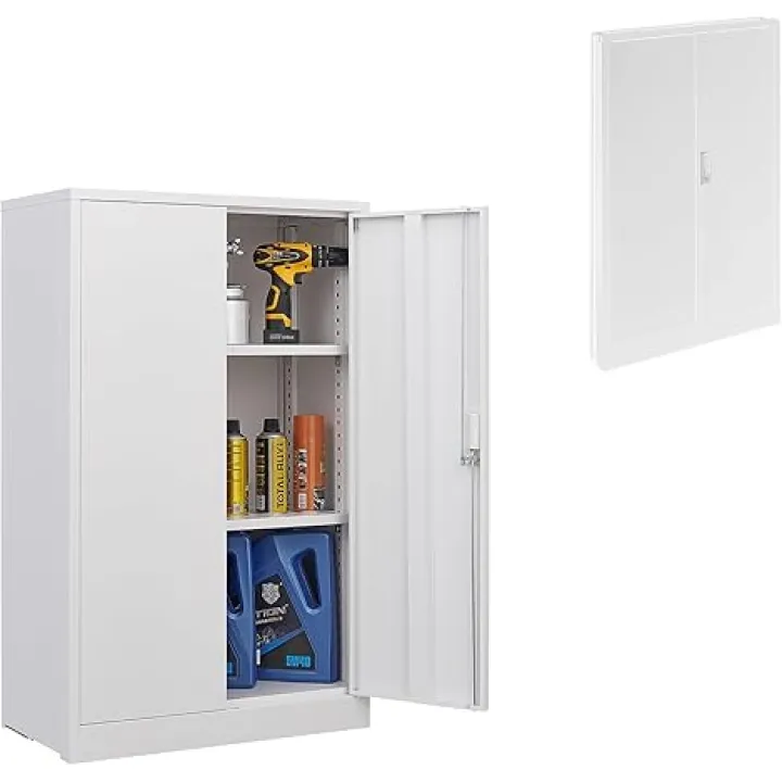 Metal Storage Cabinet with Locking Doors and 2 Adjustable Shelves, 42" Foldable Lockable Garage Tool Cabinet, Foldable for Space Saving, Tall Steel Cabinet for Garage, Home, Office, Warehouse (White)