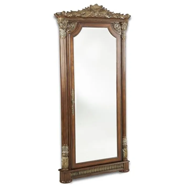 Maklaine Wood Floor Mirror with Storage, 90"H x 43.25"W, Birch Frame, Classic Chestnut Finish, Full-Length Beveled Mirror, 7 Shelves, Magnetic Door Catch, Marble Accents, Accent Mirror for Bedroom or