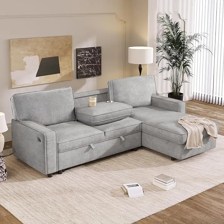 89" Convertible Sleeper Sofa Pull Out Bed, Modern Sleeper Sofa Bed with Storage Chaise, L-Shaped Sectional Couch with USB Charging Stations, Cup Holders for Living Room, Small Apartment, Gray