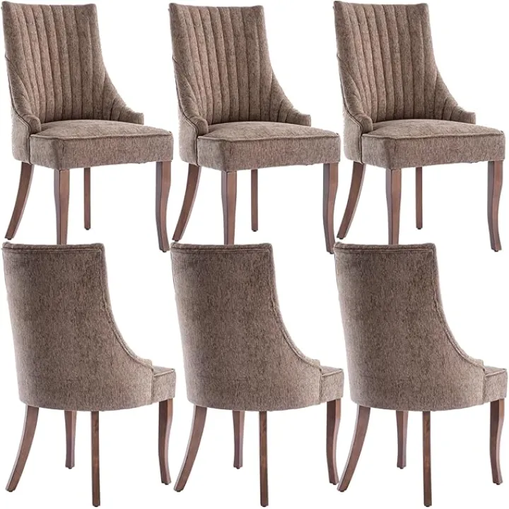 mikibama Linen Dining Chairs Set of 6 Channel Tufted Kitchen Dinner Chair Comfy Fabric Upholstered Accent Chair for Dining Room with Solid Wood Legs (Brown 6pc)