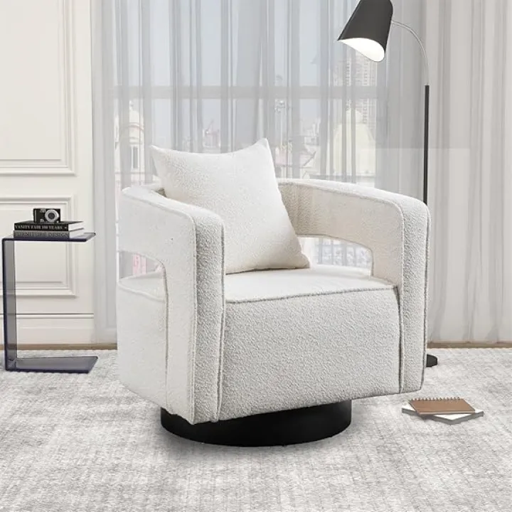 Swivel Accent Chair, Modern Boucle Fabric Upholstered Accent Barrel Armchair with Metal Base and Open Back, Comfy Round Single Sofa Chair Leisure Club Chair for Living Room Bedroom Office, Ivory