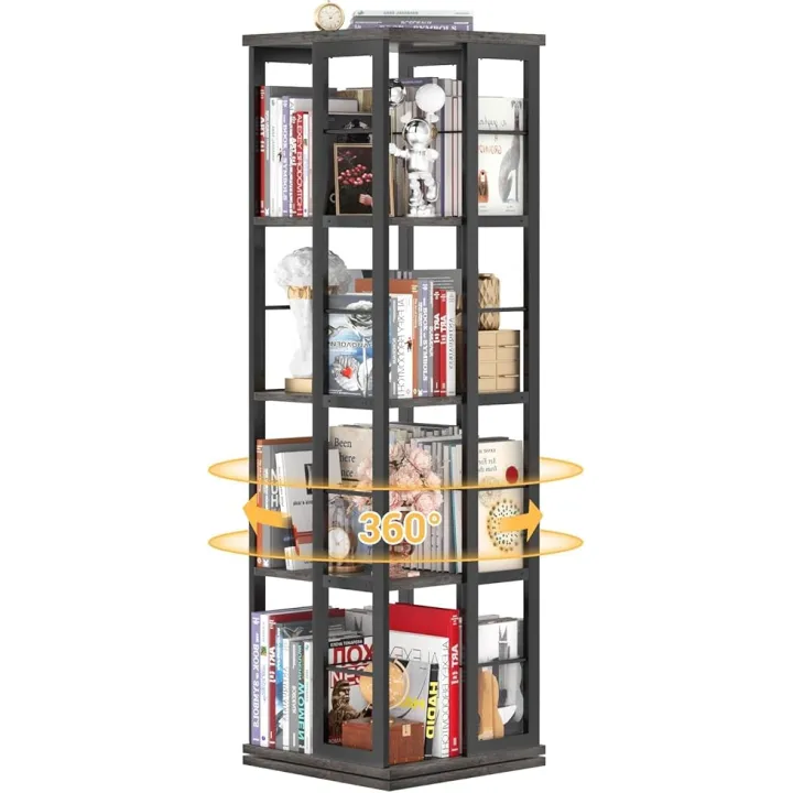 Aheaplus Rotating Bookshelf, 4-Tier Corner Bookshelf, 360 Display Wood Spinning Bookshelf, Floor Standing Bookcase Narrow Shelf Revolving Organizer Storage Rack for Small Space, Grey Oak
