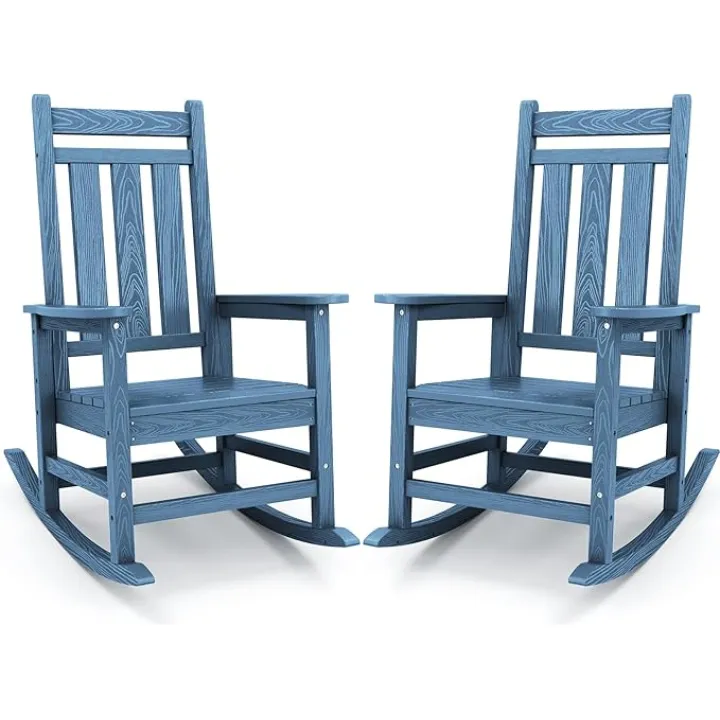 KINGYES Outdoor Patio Rocking Chair Set of 2, Weather Resistant Oversized Porch Rocker, High Back Outdoor Rocking Chair for Adult, Porch Rocker with 330Lbs Support- Blue