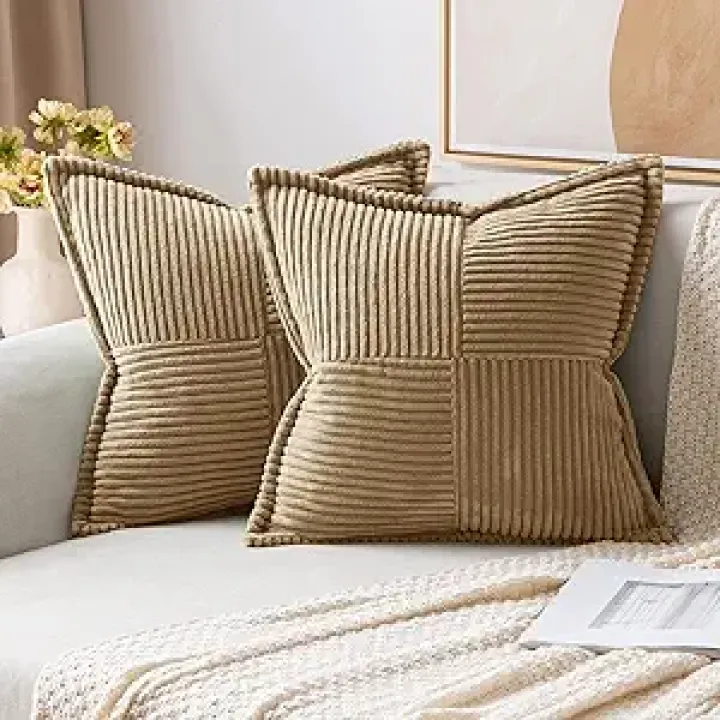 MIULEE Khaki Corduroy Decorative Euro Sham Pillow Covers 24x24 Inch with Splicing Set of 2 Soft Boho Pillow Covers Broadside Textured Pillowcases for Couch Bed Livingroom