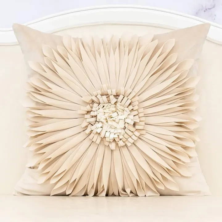 Alerfa 3D Flower Handmade Throw Pillow Cover Decorative Beige Velvet Pillowcase Cushion Cover with Hidden Zipper for Couch Bed Living Room Home Decor 20 x 20 Inches