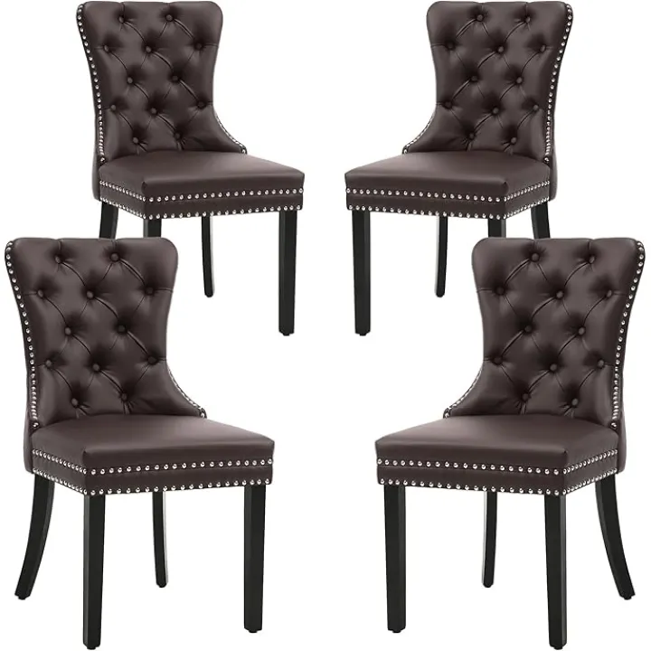 PU Leather Dining Chairs Set of 4, Upholstered Button Tufted Dining Room Chairs with Rivet Trim Metal Pull Ring Wood Legs for Kitchen, Restaurant, Brown