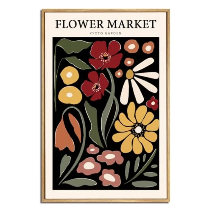 Gufro Framed Flower Market Wall Art,Floral Pictures Wall Decor,Abstract Colorful Botanical Painting for Living Room, Bedroom, Office-12x16in
