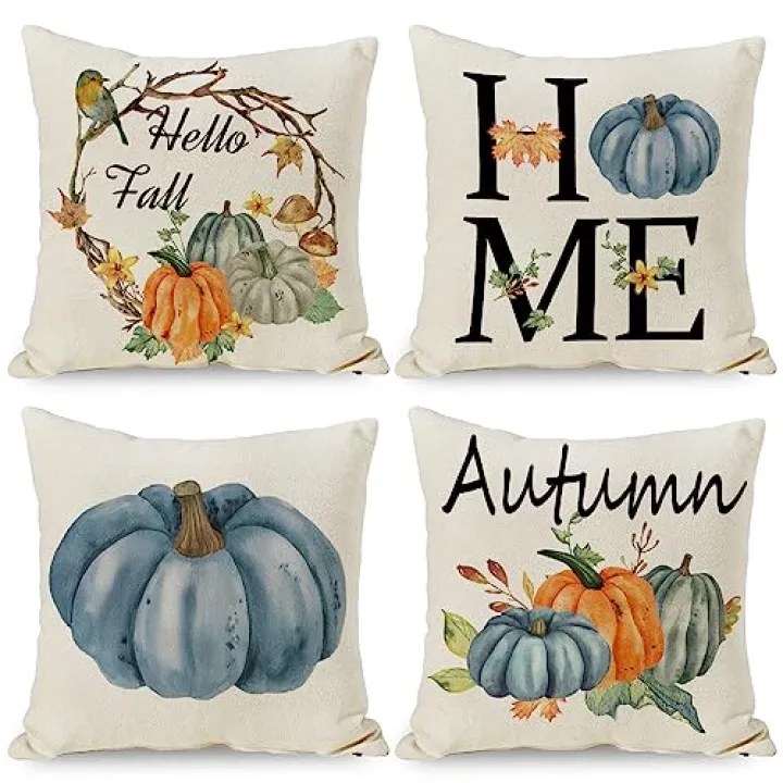Set of 4 Blue Fall Pillow Covers, Thanksgiving Throw Pillows Covers, Autumn Blue Pumpkins Decorative Cushion Covers Home Outdoor Sofa Couch Pillow Cases for Fall Decorations 20x20 Inch