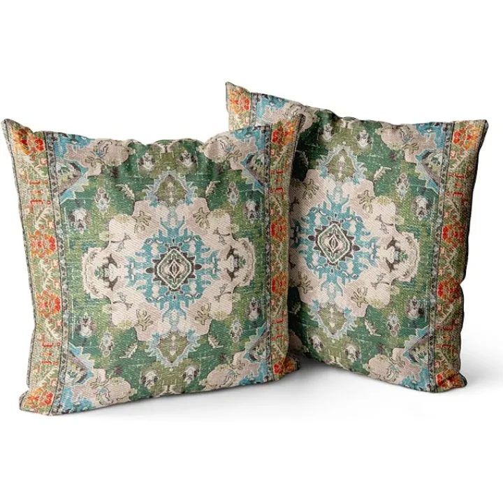 Snycler Boho Throw Pillow Covers 18x18 inch Set of 2 Boho Rug Carpet Double Sided Pattern Cotton Soft Pillow Case Cushion Cover Pillowcase for Couch Sofa Bed Decorative (Green)