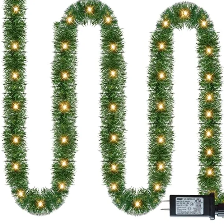 NEROSUN 50 FT Christmas Green Garland, 150 LED Pre-lit Lights Lighted Artificial Pine Garlands, for Indoor Outdoor Gate Home Winter Holiday Christmas Decorations