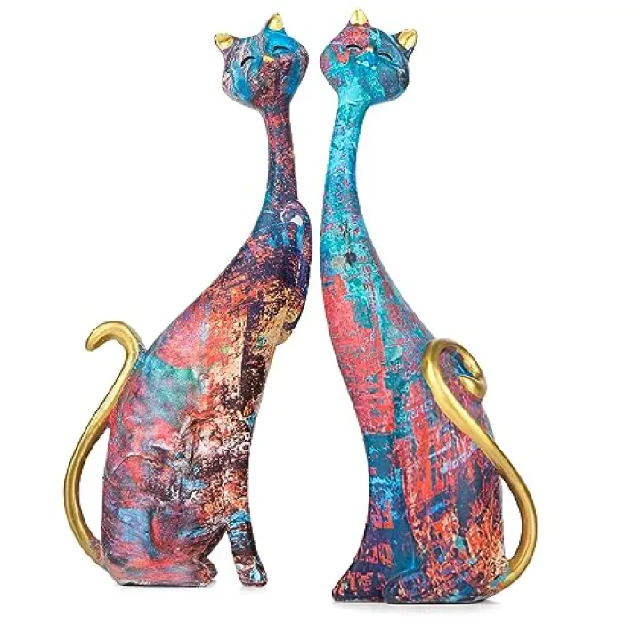 masteymoh 2 Colorful Cat Statue,Creative Graffiti Art Multicolor Cat Figurine Resin Home Decor Splash Color Animal Sculpture Kitten Figurine Modern Home Office Desktop Decoration (Graffiti)