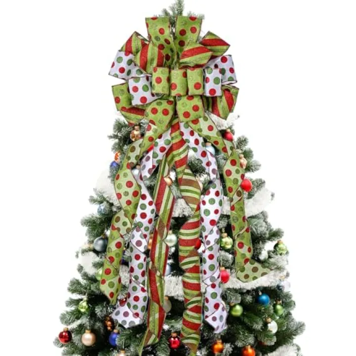 Christmas Tree Topper Wreath Bow Large Green Christmas Bow Tree Topper, Red Green Dot Polyester Gift Bows for Xmas Ornament Holiday Home Thanksgiving Indoor/Outdoor Decoration 45"x13"