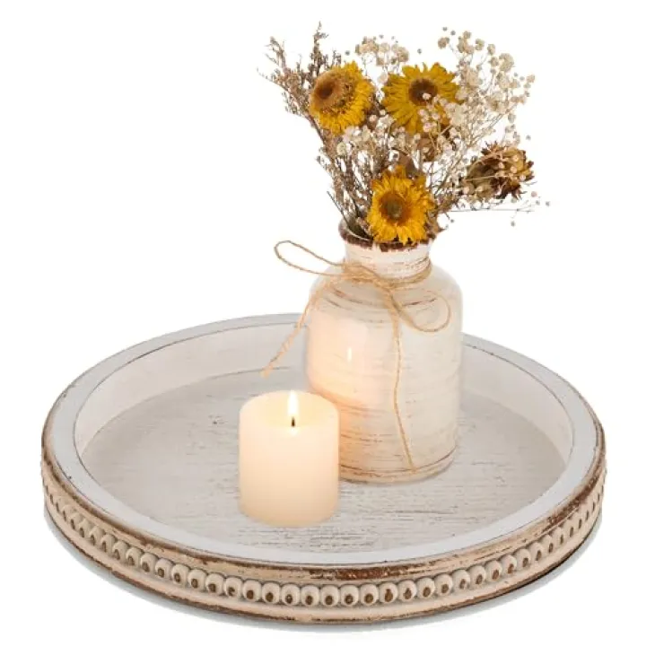Farmhouse Wood Tray Candle Holder - Romadedi Bead Round Wooden Decorative Tray for Coffee Table Decor Serving Trays Kitchen Counter Rustic Centerpiece for Living Room Home Organizer, White Washed