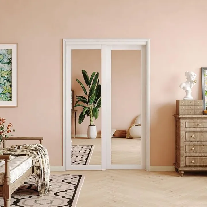 Sliding Closet Door, 48''(Double 25") x 80", 1-Lite Mirror Sliding Door with Hardware Track Kit & Floor Guide, Finished Doors 2 Panels, MDF, White