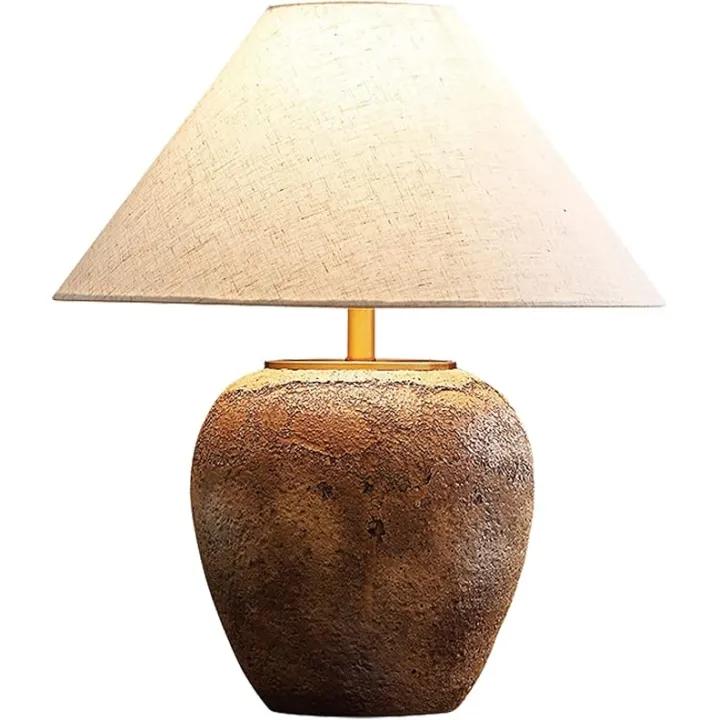 DJAMEL Rustic Farmhouse Clay Pot Lamps 19.6" Tall Ceramic Table Lamp Simple Textured Brown Ceramic Lamp Body with White Textured Shade Bedside Nightstand Lamp for Living Room Bedroom Office