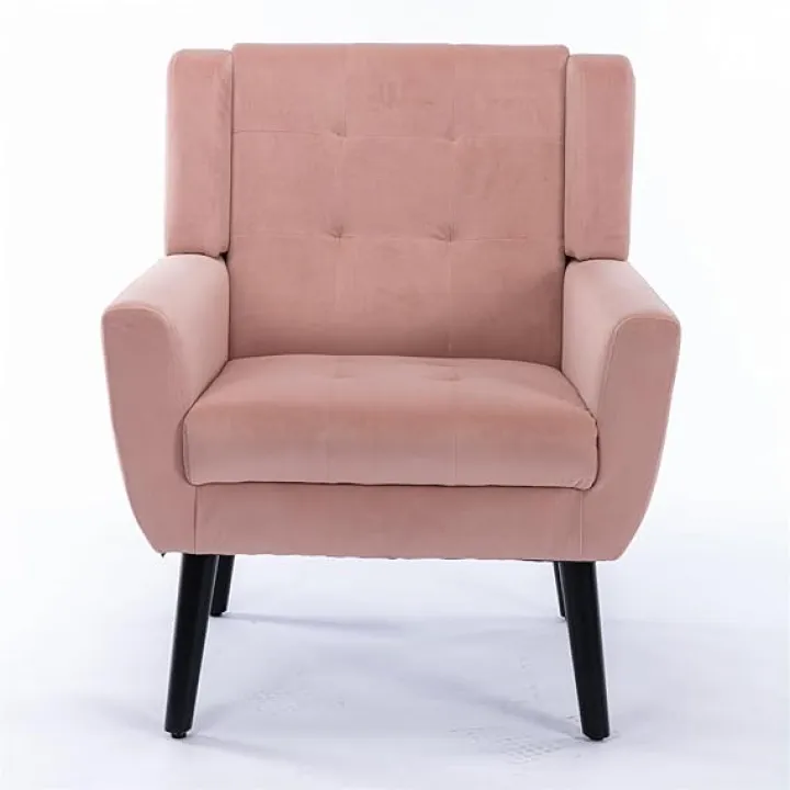 Velvet Accent Chair, Modern Upholstered Armchair with Black Wooded Legs and Button Trim, Casual Single Sofa Chair Reading Chair for Living Room, Bedroom, Lounges, Orange