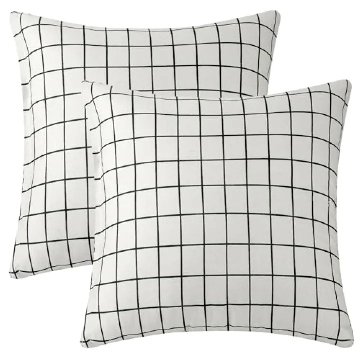 uxcell Set of 2 Plaid Throw Pillow Covers, Linen Decorative Cushion Cases Square Pillowcase for Couch Patio Furniture Decor 20 x 20 Inch White