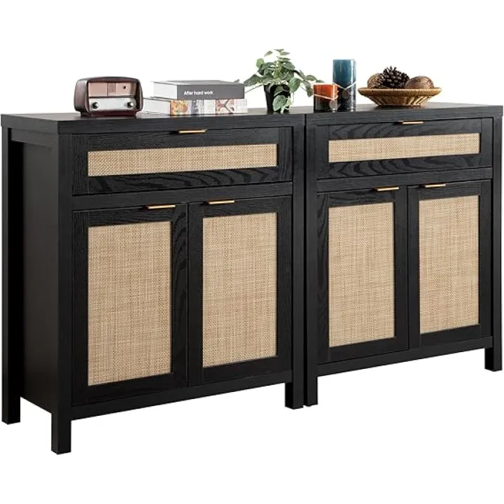 SICOTAS Sideboard Buffet Storage Cabinet Set of 2, Rattan Credenza Buffet Table, Modern Console Accent Cabinet with Doors and Drawer, Coffee Bar Cabinets for Kitchen Entryway Living Room, Black