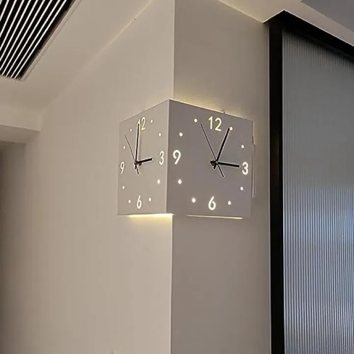 KYOFIS Double Sided Corne Wall Clock, Sensor Luminous Corner Wall Clock with Numeral Scale Battery Operated Silent Wall Clock for Bedroom(White,with Lights)