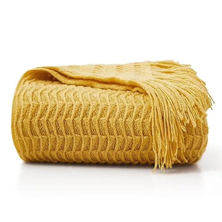 Counfeisly Yellow Shell Motifs Acrylic Knitted Throw Blanket, Soft Lightweight Breathable Bed Blanket, Layering Any Bed for All Season, 50 x 60 Inches