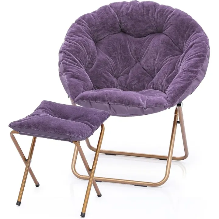 MoNiBloom Round Folding Faux Fur Saucer Chair for Bedroom Living Room Dorm Foldable Metal Frame Oversized Large Comfy Furry Padded Soft Cozy Moon Chair with Footrest Ottoman for Adults (Purple)