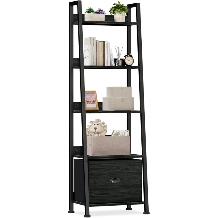 Furologee 5-Tier Ladder Shelf, Narrow Ladder Bookshelf with Drawer, 55.6”Tall Industrial Bookcase Storage Rack Organizer, Freestanding Storage Shelve for Living Room, Home Office, Bedroom, Black Oak
