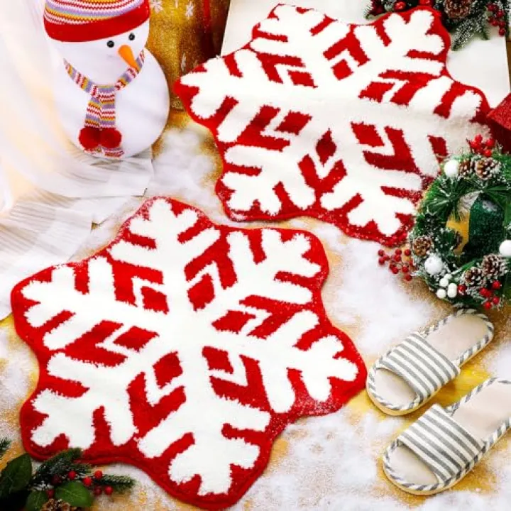 Ceenna 2 Pcs Snowflake Rug Bathroom Rugs Winter Snowflake Doormat Decorative Washable Non Slip Welcome Floor Mat Christmas Doormat for Xmas Home Bathroom Carpet Decorations(Red)