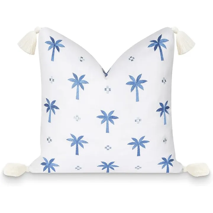 Hofdeco Premium Coastal Patio Indoor Outdoor Pillow Cover Only, 20"x20" Water Repellent for Backyard, Couch, Cornflower Blue Embroidered Coconut Tree Tassel