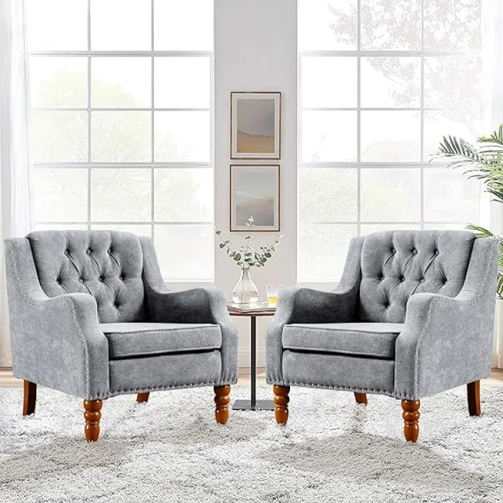 Accent Chairs Set of 2, Mid Century Modern Single Upholstered Accent Chair with Back Comfy Wingback Reading Chair with Nail-Head Trim Large Armchair Arm Chair for Living Room Bedroom（Grey）