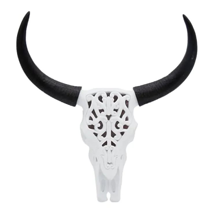 Wowser White Tribal Cow Skull Wall Decor with Black Horns – Western Boho Resin Art, 13.25 Inches