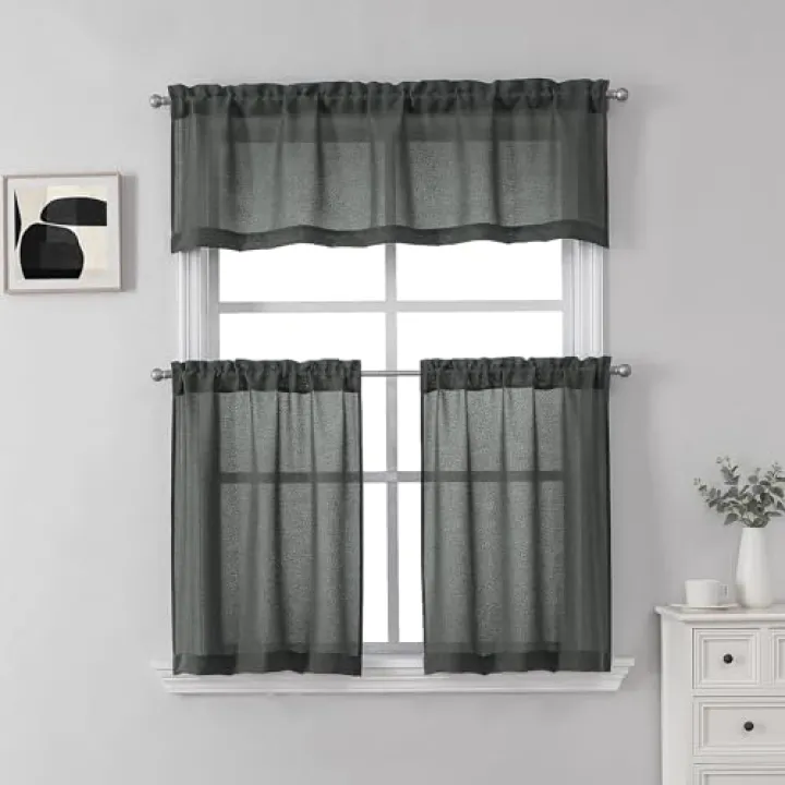 SeeGlee Tiers and Valance Window Curtain Set,Toal 52 Inch Width,36 Inch Length Light Filtering Linen Drapes for Kitchen,Living&Dining Room by Home Decor,3 Piece Set,Charcoal/Dark Gray