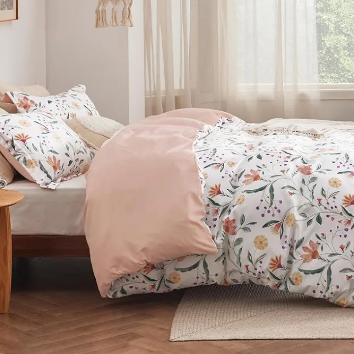 Bedsure Duvet Cover Queen Size - Reversible Floral Duvet Cover Set with Zipper Closure, 3 Pieces Pale Blush Bedding Set with 8 Corner Ties and 2 Pillow Shams 20"x26"