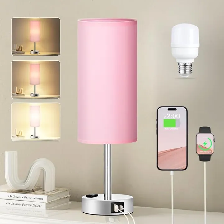 Pink Lamp for Bedroom Nightstand - 3 Way Dimmable Touch Table Lamp USB C Charging Ports, Small Lamp with AC Outlet for Desk Girls Room, LED Bulb Included