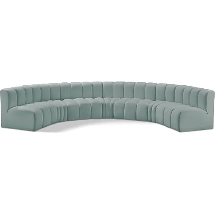 Meridian Furniture 101Mint-S7B Arc Collection Modern | Contemporary Modular Sofa with Soft Mint Green Vegan Leather, Deep Channel Tufting, Modular, 162" W x 74" D x 30" H, Mint