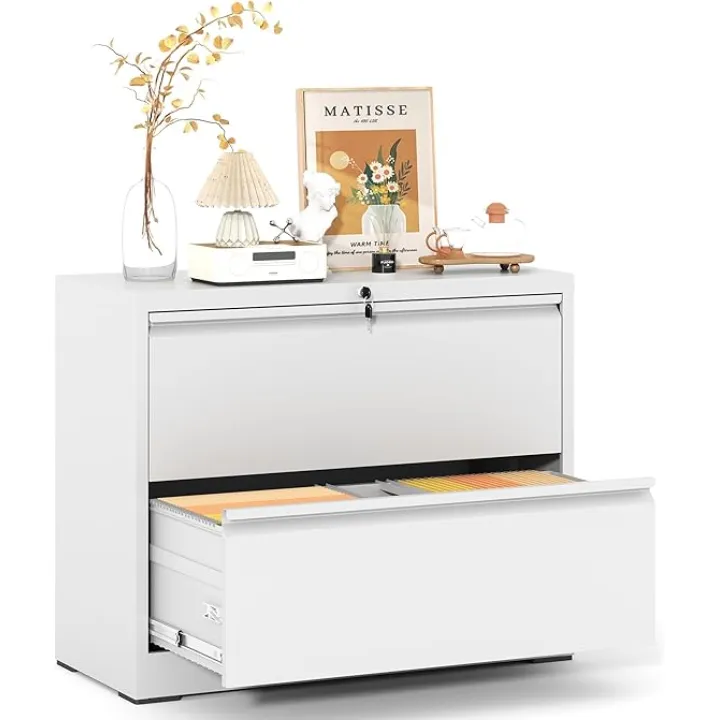 Lateral File Cabinet with Lock,2 Drawer Metal Filing Cabinets for Home Office, Storage Cabinet for Hanging Files Letter/Legal/F4/A4 (White)