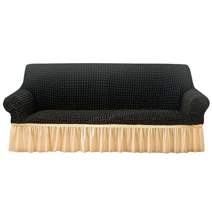 1 Piece Seersucker Sofa Slipcover with Skirt, Universal Stretch Couch Cover Easy Fitted Non Slip Furniture Protector,Washable Durable Sofa Cover for Kids Pets Cat Dog(S(1 Seater 90-140cm), Black 1)
