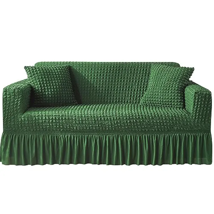 1 Piece Seersucker Sofa Slipcover with Skirt, Universal Stretch Couch Cover Easy Fitted Non Slip Furniture Protector,Washable Durable Sofa Cover for Kids Pets Cat Dog(S(1 Seater 90-140cm), Green 1)